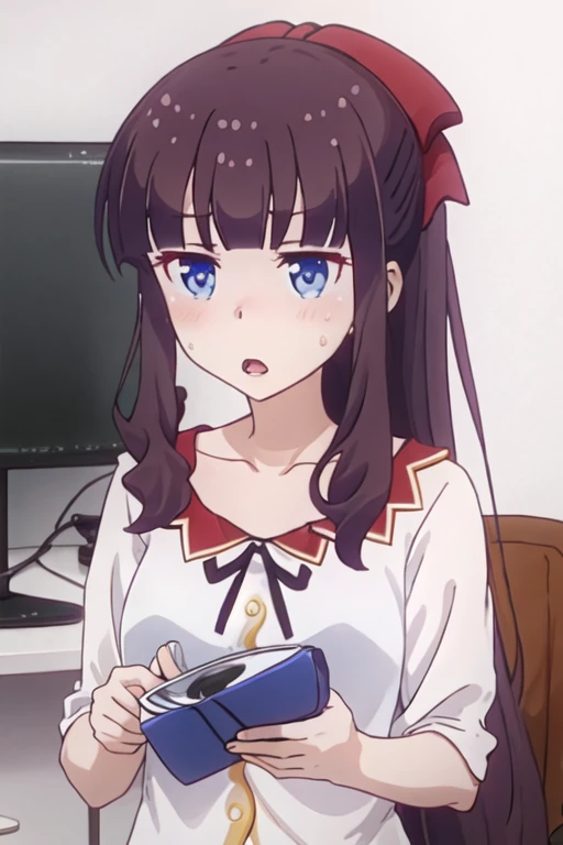 best quality, masterpiece, highres, solo, {takimoto_hifumi_newgame:1.15}, long_hair, bangs, blue_eyes, blunt_bangs, blush, ponytail, brown_hair, purple_hair, hair_bow, 1girl, sweatdrop, sidelocks, collarbone, open_mouth