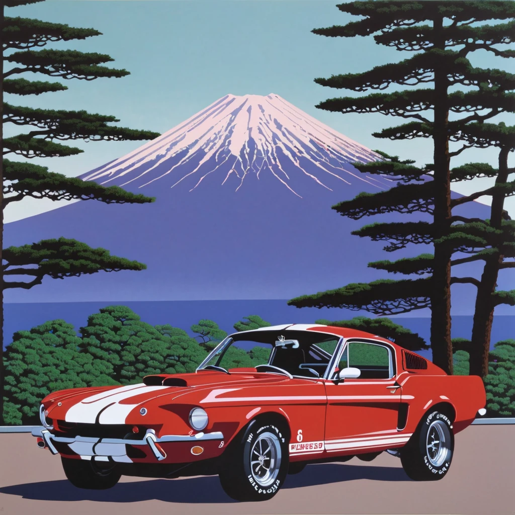 hiroshi_nagai, retro shelby car, mount fuji