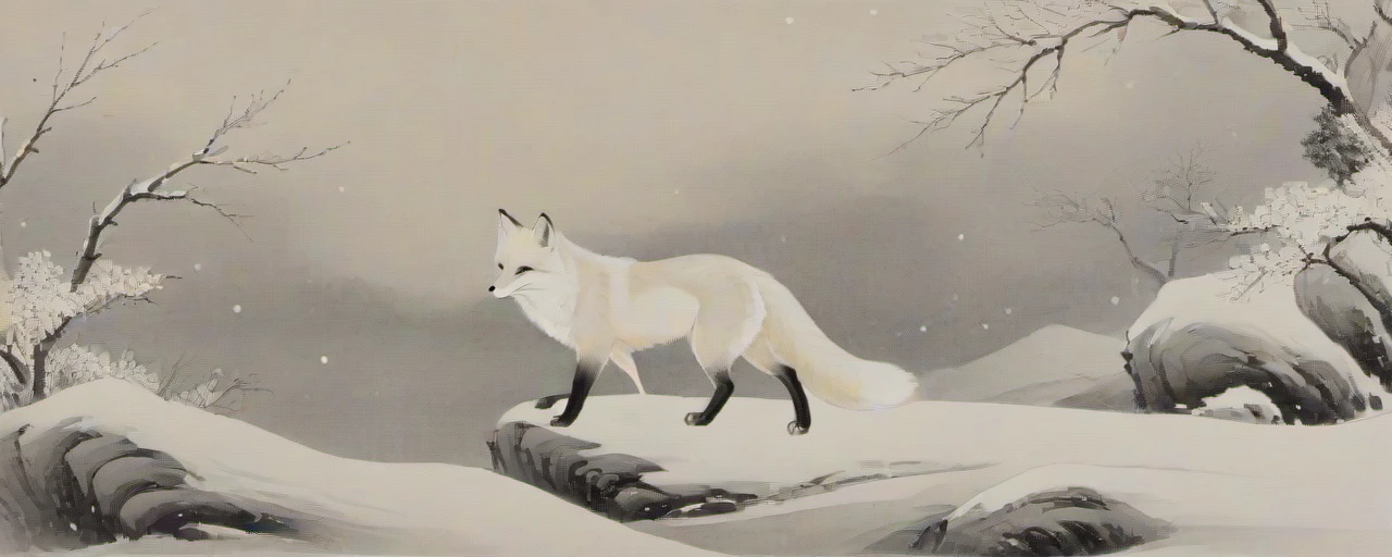 8k, masterpiece, best quality, 2D, traditional chinese ink painting, looking at viewer, focal length is 25mm,
1 (white:1.2)_fox with white big tail,
background is many snow, white Snowflakes fall, col, night, (sky:1.2),
ink, <lora:watercolor-ink-sketch-v1:0.4>,