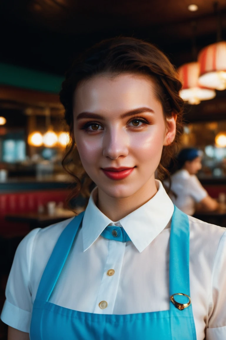 A stunning intricate full color portrait of melmat,wearing a waitress outfit, in a restaurant, happy, epic character composition,by ilya kuvshinov, alessio albi, nina masic,sharp focus, natural lighting, subsurface scattering, f2, 35mm, film grain, portait, closeup, very detailed skin texture <lora:MelissaMatz:1>