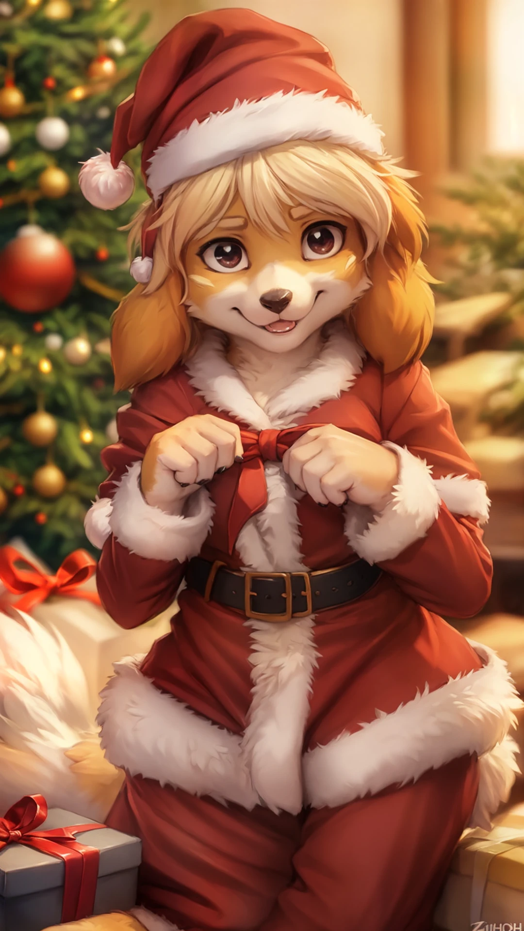 front view, Christmas, tree, presents, (santa costume:1.2), (furry, anthro, Isabelle \(Animal Crossing\), dog), smiling, masterpiece, (detailed fur, realistic fur, wolf ears, fluffy tail), detailed face and eyes, higher body and limbs detail, realistic proportions, topknot, red ribbon, [by dagasi|ancesra:0.6], [by foxovh|personalami:1.1], [by einshelm|tom_fischbach], (by Hioshiru:0.9), [by zackary911, by thebigslick]