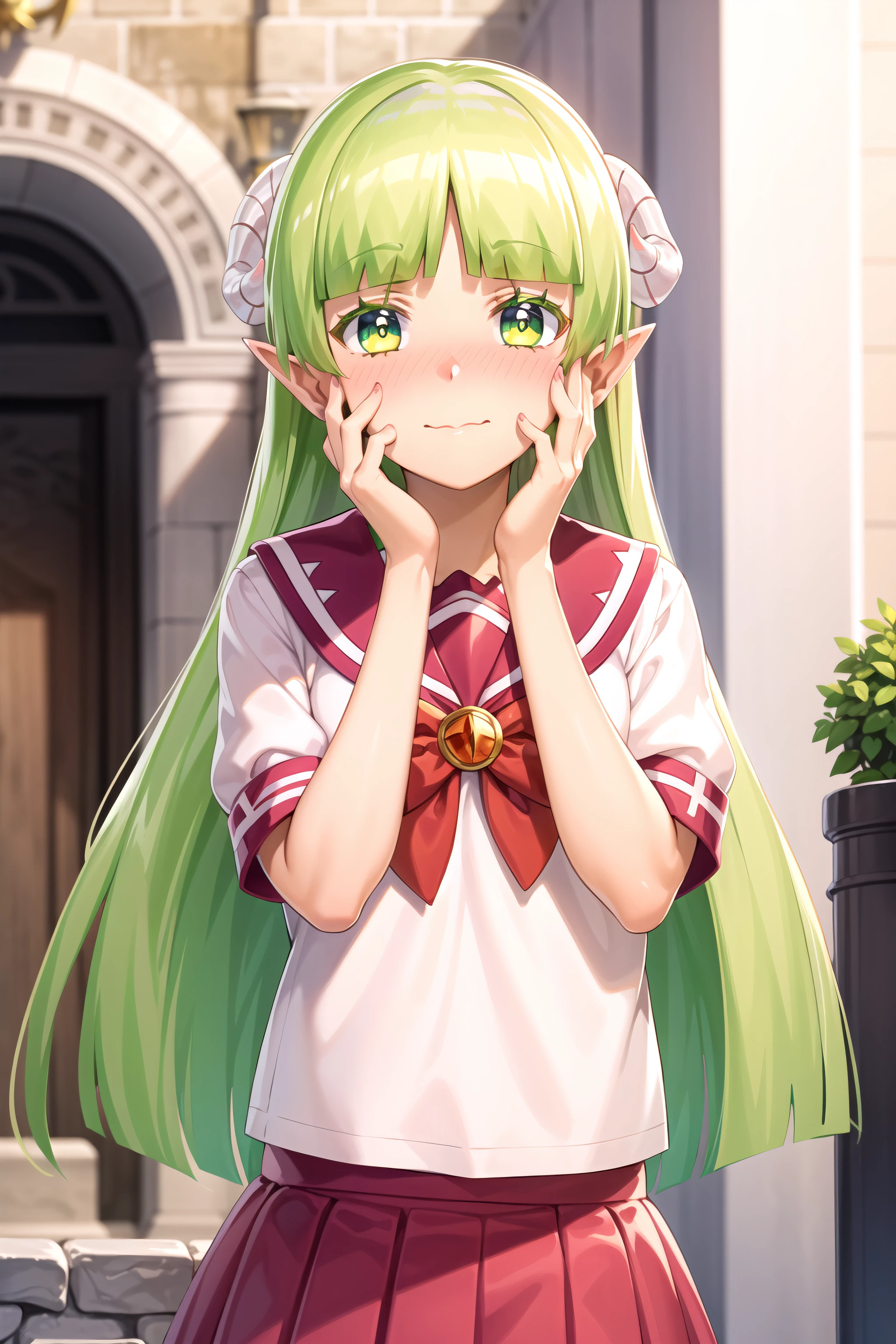 best quality, masterpiece, detailed,
<lora:MairimashitaIrumaKun_ValacClara:0.8>, valac clara,
closed mouth, nose blush,
green hair, long hair, green eyes, horns, pointy ears,
school uniform, serafuku, pink skirt,
standing, looking at the viewer, upper body, hands on own face,
outdoors