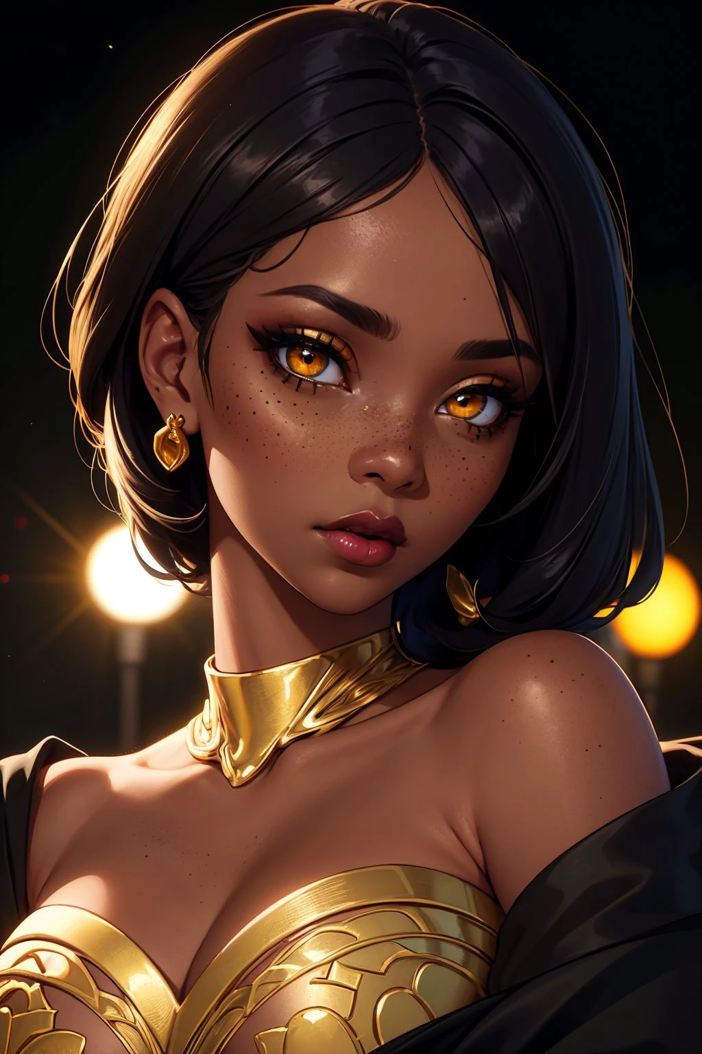 (masterpiece, best quality, hires, high resolution:1.2), (extremely detailed, intricate details, highres), an eye contact of a Ugandan girl, (black skin:1.3), yellow spotlight, dark theme, lonely, Lavish, Matte black eyeshadow with a cut crease, metallic lipstick, golden ratio, Almond-shaped eyes, Freckles, indietronica, soft lighting, bokeh