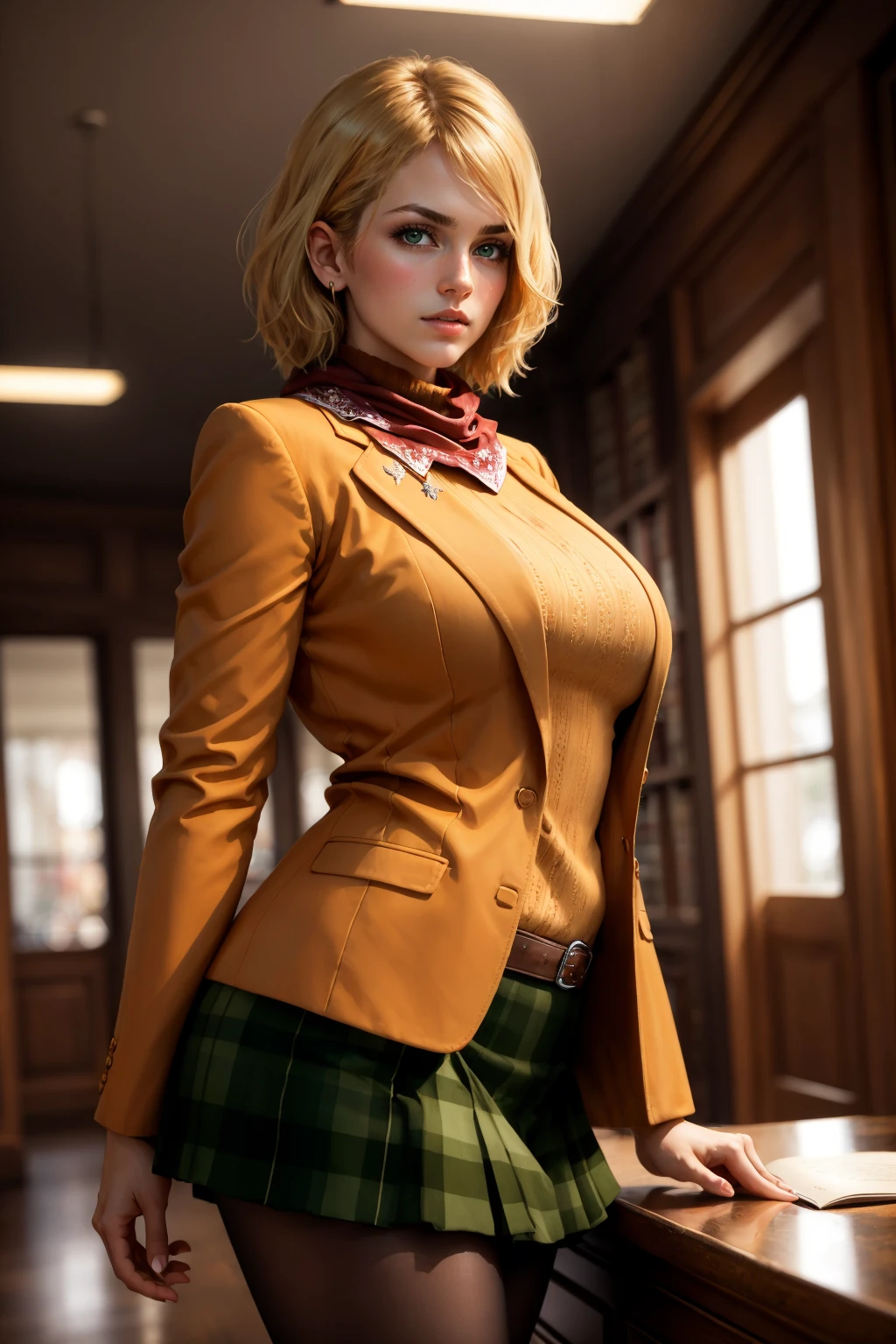 masterpiece, best quality, <lora:ashleygraham-nvwls-v1-000009:0.9> ashley graham, green eyes, red neckkerchief, orange jacket, orange sweater, green miniskirt, pantyhose, looking at viewer, large breasts, serious, cowboy shot, indoors, desaturated, looking at viewer, low lighting, chiaroscuro, library, from side