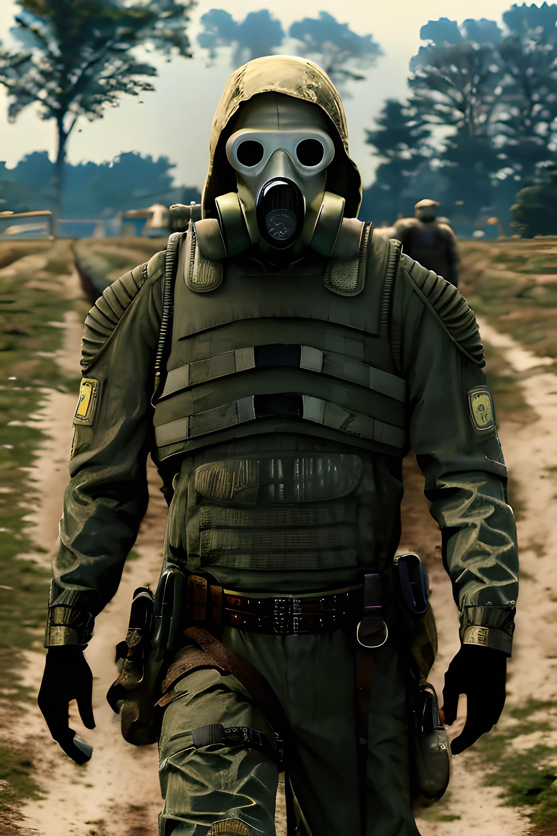 (masterpiece), highly detailed, cinematic, a man in a gas mask wearing a sunrise suit