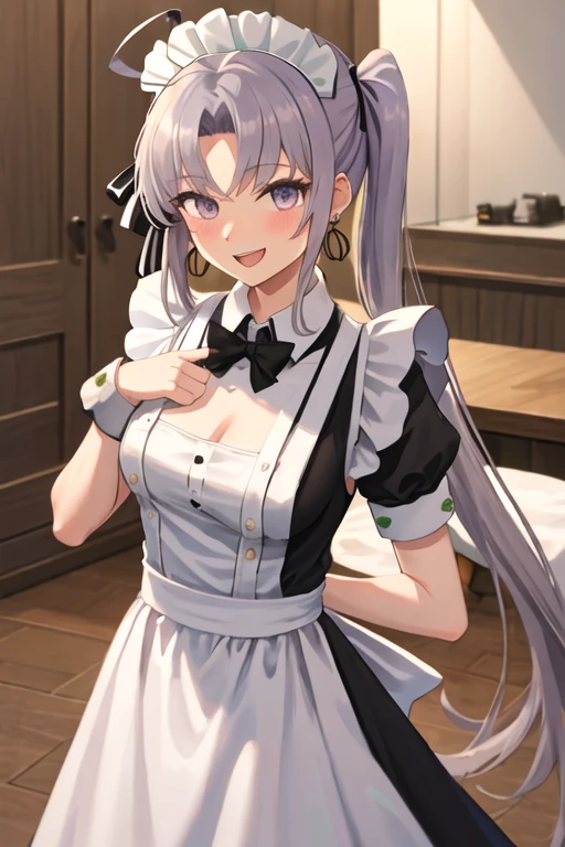 best quality, masterpiece, highres, solo, {maid:1.40}, {long maid dress:1.15}, {akitsushima_kantaicollection:1.15}, long_hair, side_ponytail, purple_eyes, ahoge, grey_hair, hat, sidelocks, open_mouth, jewelry, purple_hair, earrings, breasts, blush, smile, ribbon, hair_ribbon, hair_ornament