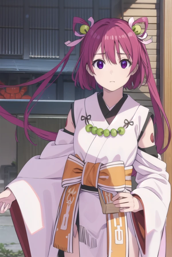 oomiyanomenokami, <lora:oomiyanome no kami s1-lora-nochekaiser:1>,
oomiyanome no kami, long hair, hair ornament, twintails, (purple eyes:1.1), purple hair, bell, hair bell,
BREAK skirt, detached sleeves, japanese clothes, necklace, miko, magatama,
BREAK outdoors, shrine,
BREAK looking at viewer, (cowboy shot:1.5),
BREAK <lyco:GoodHands-beta2:1>, (masterpiece:1.2), best quality, high resolution, unity 8k wallpaper, (illustration:0.8), (beautiful detailed eyes:1.6), extremely detailed face, perfect lighting, extremely detailed CG, (perfect hands, perfect anatomy),