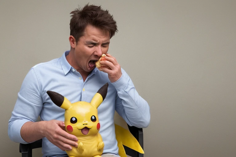 a man is eating a pikachu