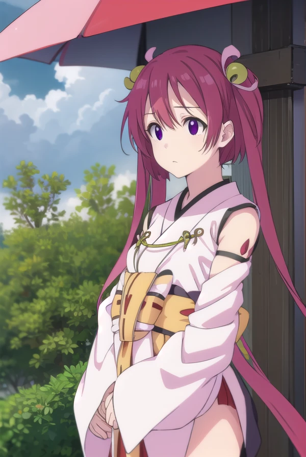 oomiyanomenokami, <lora:oomiyanome no kami s1-lora-nochekaiser:1>,
oomiyanome no kami, long hair, hair ornament, twintails, (purple eyes:1.1), purple hair, bell, hair bell,
BREAK skirt, detached sleeves, japanese clothes, necklace, miko, magatama,
BREAK outdoors, shrine,
BREAK looking at viewer, (cowboy shot:1.5),
BREAK <lyco:GoodHands-beta2:1>, (masterpiece:1.2), best quality, high resolution, unity 8k wallpaper, (illustration:0.8), (beautiful detailed eyes:1.6), extremely detailed face, perfect lighting, extremely detailed CG, (perfect hands, perfect anatomy),