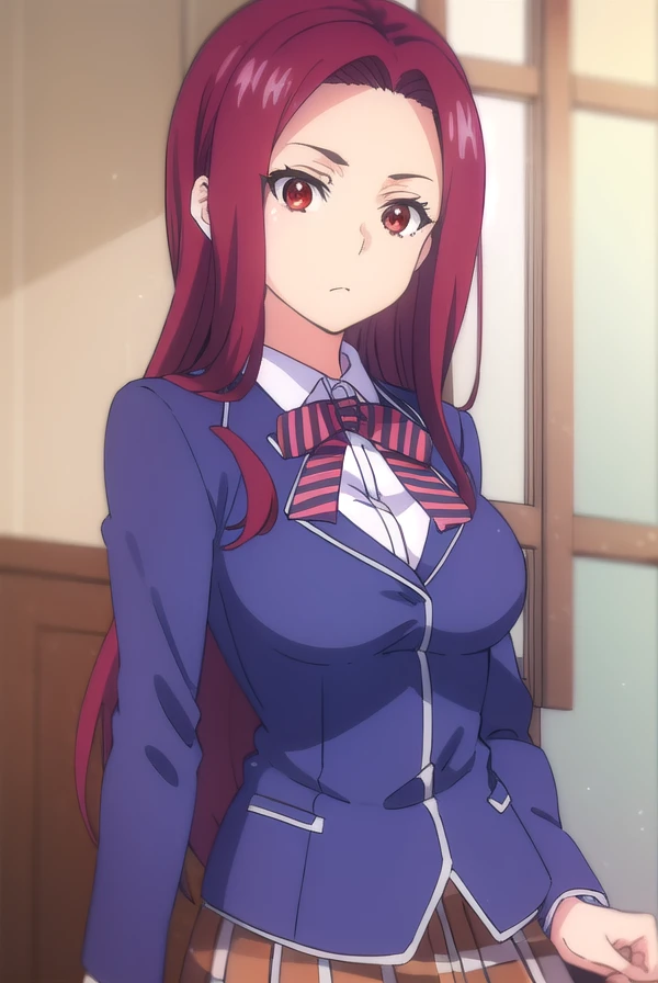 ryoukosakaki, <lora:ryouko sakaki s1-lora-nochekaiser:1>,
ryouko sakaki, long hair, (red eyes:1.3), red hair, (forehead:1.2),
BREAK bow, school uniform, striped, bowtie, blazer, striped bowtie, blue blazer, brown skirt, plaid skirt, plaid,
BREAK indoors, kitchen,
BREAK looking at viewer, (cowboy shot:1.5),
BREAK <lyco:GoodHands-beta2:1>, (masterpiece:1.2), best quality, high resolution, unity 8k wallpaper, (illustration:0.8), (beautiful detailed eyes:1.6), extremely detailed face, perfect lighting, extremely detailed CG, (perfect hands, perfect anatomy),