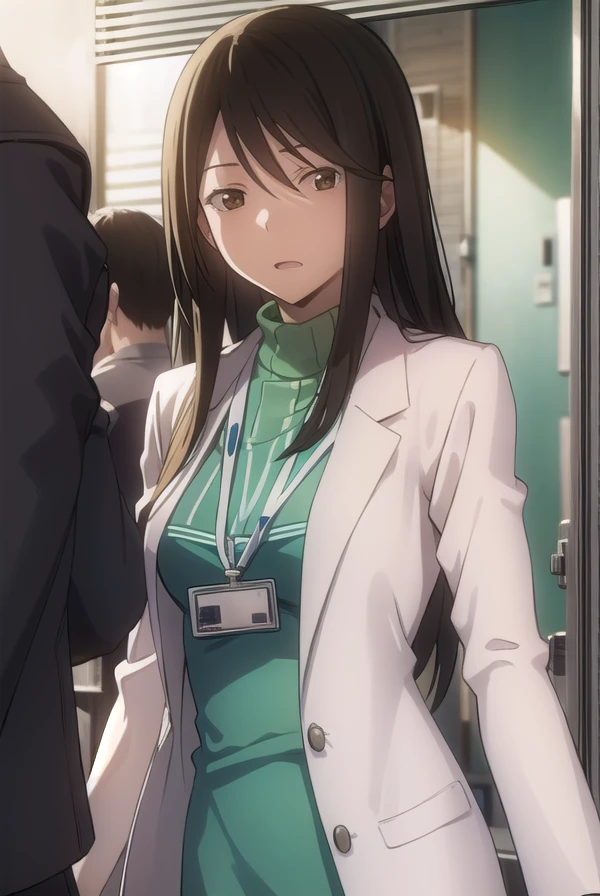 namieyagiri, <lora:namie yagiri s1-lora-nochekaiser:1>,
namie yagiri, long hair, black hair, (brown eyes:1.3),
BREAK sweater, turtleneck, labcoat, green sweater,
BREAK indoors, office,
BREAK looking at viewer, (cowboy shot:1.5),
BREAK <lyco:GoodHands-beta2:1>, (masterpiece:1.2), best quality, high resolution, unity 8k wallpaper, (illustration:0.8), (beautiful detailed eyes:1.6), extremely detailed face, perfect lighting, extremely detailed CG, (perfect hands, perfect anatomy),