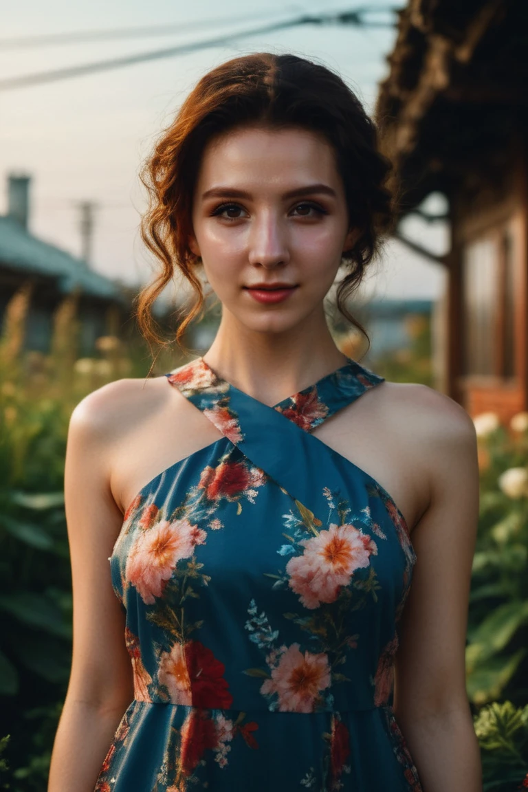 A stunning intricate full color portrait of melmat,wearing a floral dress, having fun, epic character composition,by ilya kuvshinov, alessio albi, nina masic,sharp focus, natural lighting, subsurface scattering, f2, 35mm, film grain, full body in the picture <lora:MelissaMatz:1>