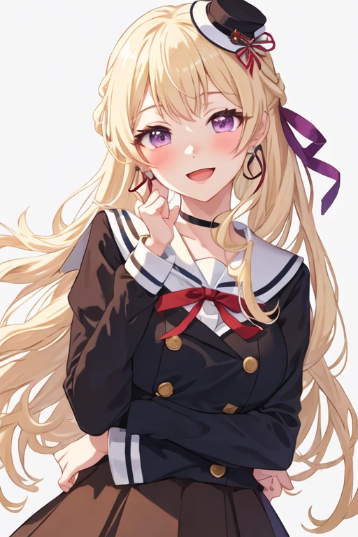 best quality, masterpiece, highres, solo, {shirasagi_chisato_bangdream:1.15}, blonde_hair, bangs, long_hair, purple_eyes, blush, smile, half_updo, ribbon, jewelry, hanasakigawa_school_uniform, long_sleeves, looking_at_viewer, sailor_collar, school_uniform, 1girl, neck_ribbon, red_ribbon, sailor_dress, double-breasted, dress, brown_dress, buttons, upper_body, open_mouth, white_sailor_collar