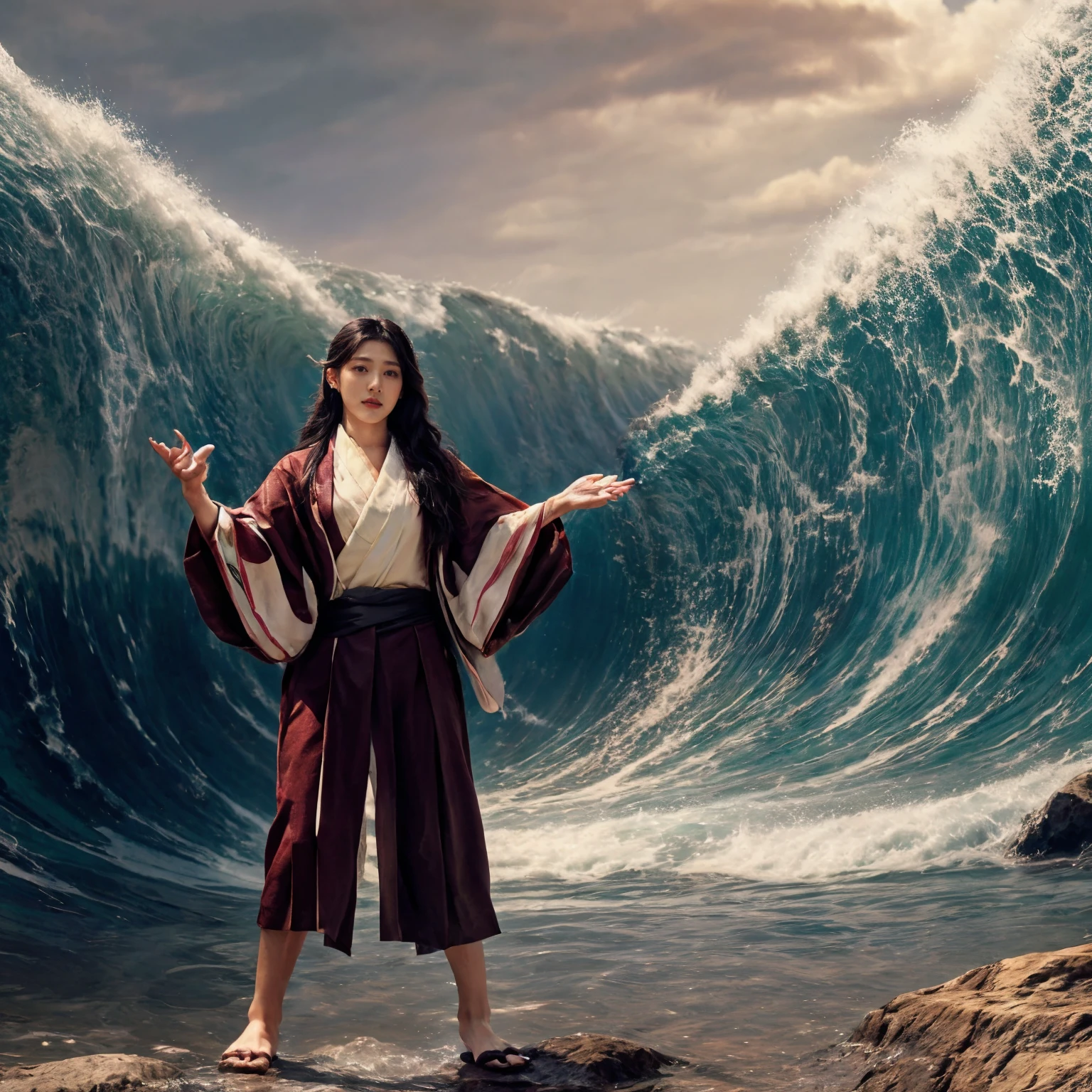 highres, 8k, absurdres, realistic, (1girl), Spider_Pig, (looking at viewer:1.25), black hair, long hair, lens flare, earrings, 
(Sea_Split:1.65), sea split, waves, water, ocean, sunbeam, (road:1.3), (Japanese school uniform:1.3),
<lora:Part_Sea-000024:0.75> , <lora:JP_Girl-000011:0.35>