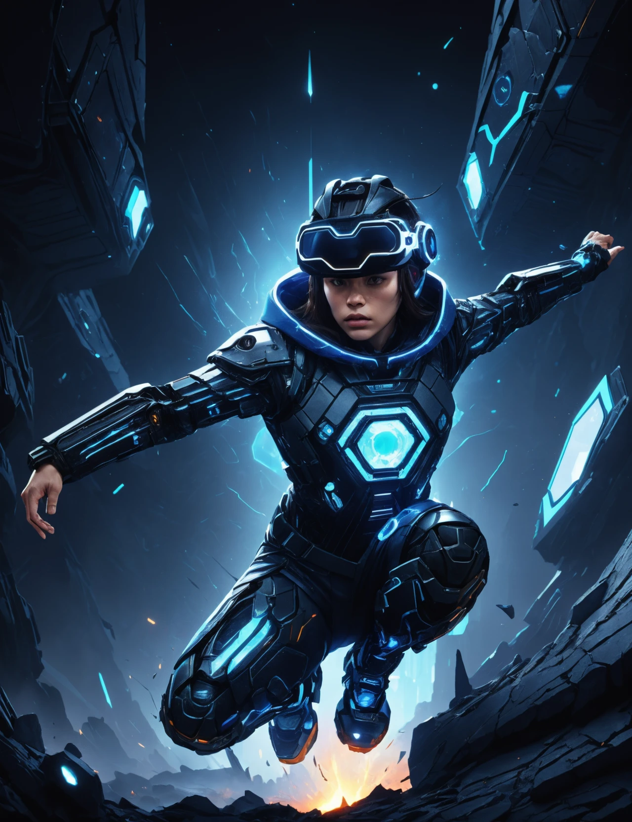 hyper detailed masterpiece, dynamic, awesome quality,DonMFr4ck7ur3dUnd3rw0rld male cyber incident response team (cirt) specialist, virtual constructs, digital entities existing purely in virtual reality, taking on various forms and functions, ageless sturdy, inuit, brown eyes, cleft chin, receding jaw, smooth cheeks, angular forehead, , light auburn pompadour hair, anger, tense crouch, character crouches low with arms tensed, prepared for a sudden action, wearing holographic fractal pattern quantum-tech bio-textile anti-gravity urban shorts, holographic interference texture cybernetic hooded jacket, augmented reality helmet, , swift dash, character leans forward, legs extending backward, suggesting a quick and agile movement, high-tech low-life <lora:DonMFr4ck7ur3dUnd3rw0rld-000009:0.75>