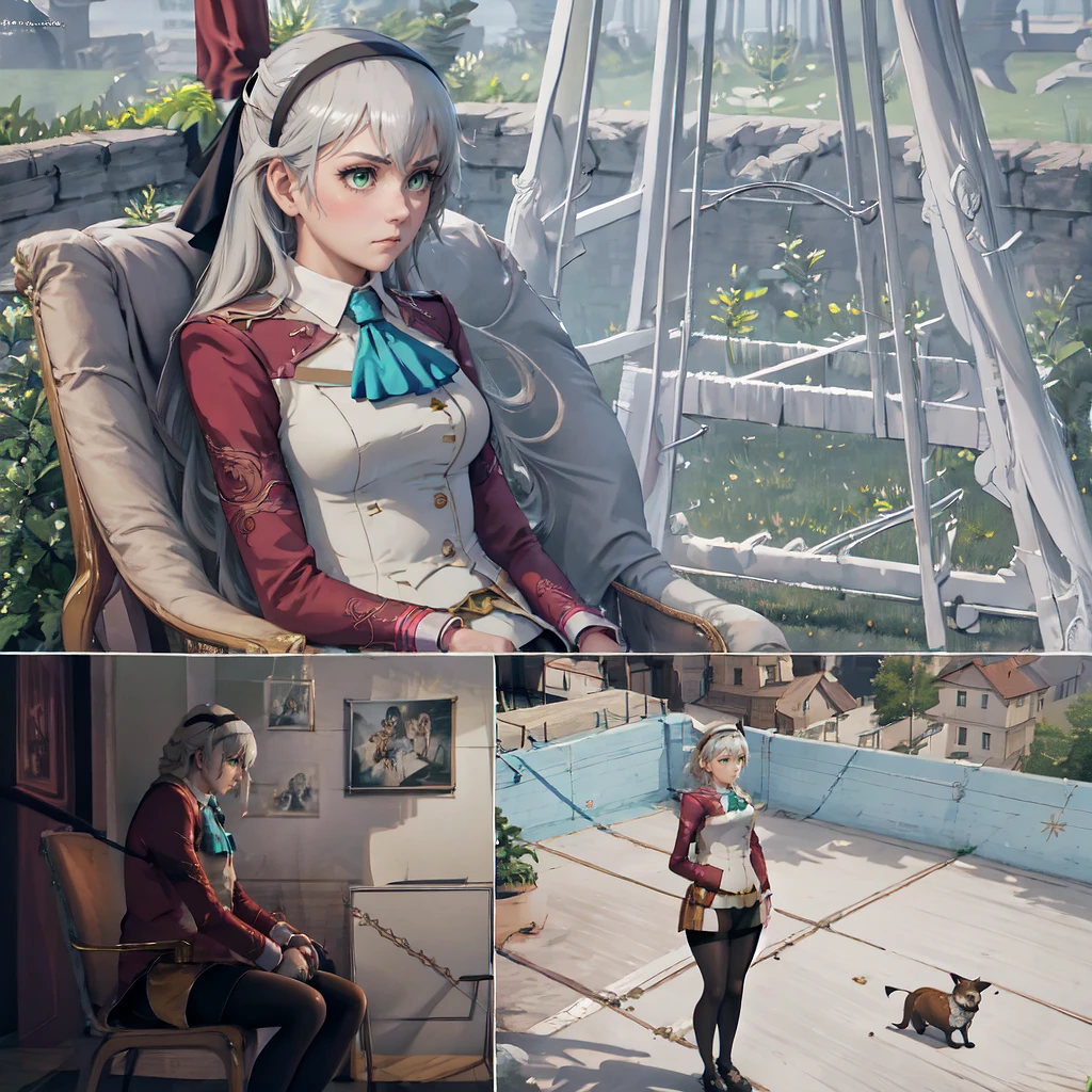 1girl, IncrsWaitingMeme, <lora:PabloEscobarWaitingMeme:1>, comic, elie macdowell, green eyes, hairband, blue ascot, hair ribbon, long sleeves, belt, pantyhose, <lora:Char_OC_ElieMacDowell:0.9>