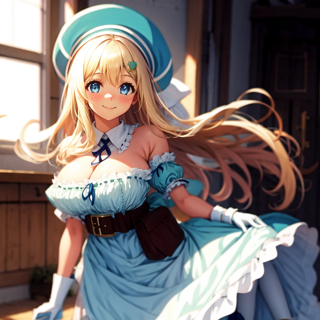indoors, random background, portrait, upper body, masterpiece, higres, best quality, smile, Yomi, long hair, blue eyes, blonde hair, large breasts, hair ornament, white gloves, hat, beret, green headwear, white dress, bare shoulders, frills, cleavage, white thighhighs, boots, hairclip, belt, white gloves, elbov gloves, detached collar, apron, brown footwear, lace-up boots, boots, knee boots, <lora:more_details:0.4> <lora:Yomi3_lora-05:0.8>