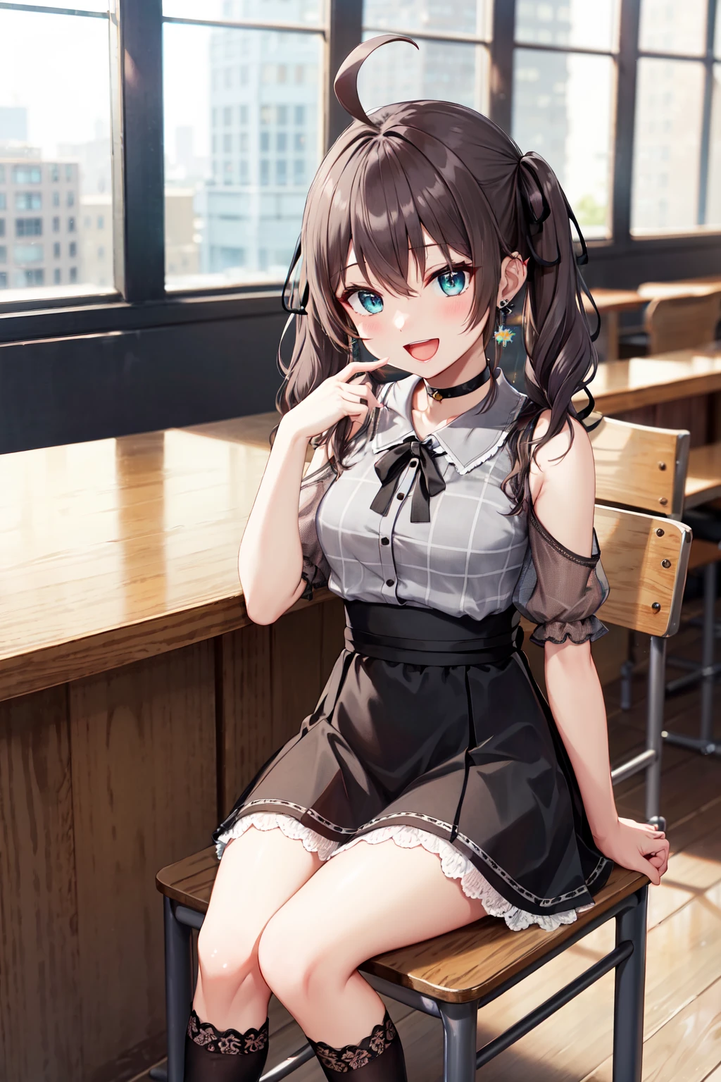 masterpiece,best quality,highres,ultra-detailed,bbmatsuri,medium hair,ahoge,twintails,hair between eyes,bangs,hair ribbon,black choker,earrings,black ribbon,plaid shirt,grey shirt,shoulder cutout,short sleeves,see-through sleeves,black skirt,high-waist skirt,lace,socks,(black socks:1.4),lace trim,shoes,black footwear,<lora:natsuiro_matsuri:0.8>,indoors,(cafe:1.2),(desk:1.2),sitting,chair,:d,