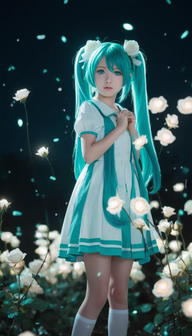 face focus,cosplay, , hatsune miku, white roses, petals, night background, fireflies, light particle, solo, aqua hair with twin tails, aqua eyes, standing, realistic, depth of field, cinematic composition, best lighting, looking up,full body,