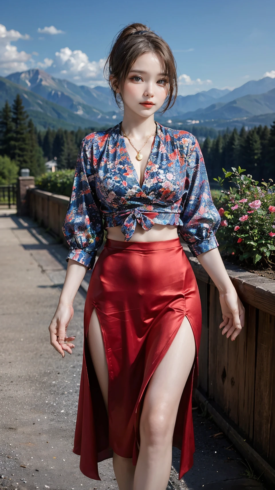best quality,HDR,UHD,8K,Vivid Colors,solo,front view,photo_(medium),(1girl:1.3),(looking at viewer:1.4),ponytail,
<lora:add_detail:0.5>,standing,outside,sky,mountain,flower,<lora:rc10:0.75>,rc,side cutout,red skirt,