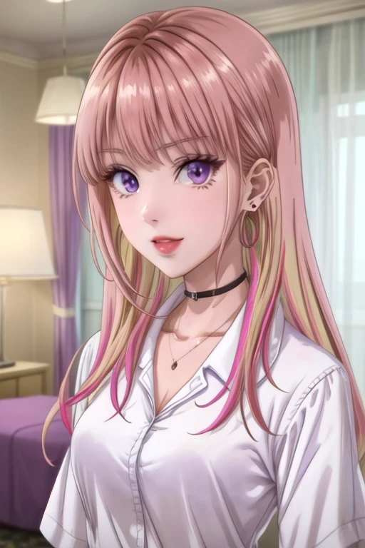 (best quality:1.1), (masterpiece:1.4), illustration, 1girl, solo, looking at viewer, upper body, depth of field, anime coloring, , <lora:nikoru_yamana:0.9>, nikoru_yamana, pink hair, purple eyes, long hair, bangs, white shirt, earrings, , , , hotel, High definition