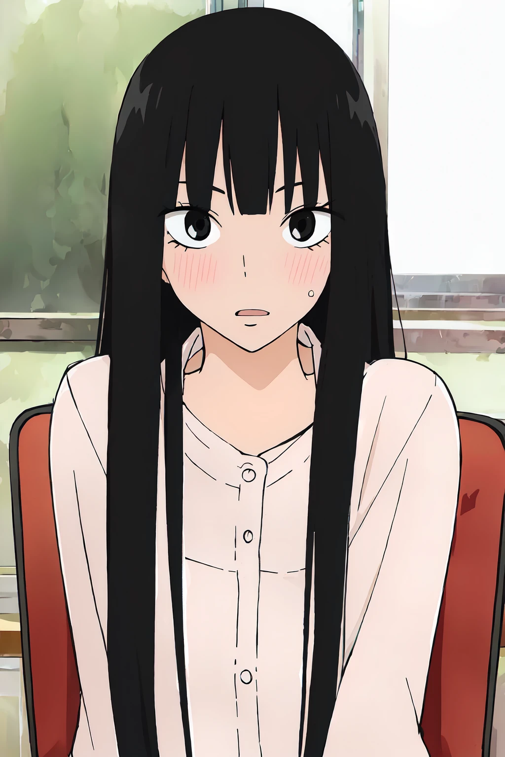 ((best quality)),((highly detailed)),masterpiece,absurdres,detailed face,beautiful face,((detailed eyes, deep eyes)),(1girl),((dynamic pose)), <lora:SawakoV1:0.9>sawako, 1girl, black hair, solo, long hair, bangs, black eyes, blunt bangs, blush, looking at viewer, open mouth, shirt, hime cut, upper body, indoors, chair, classroom, desk, parted lips