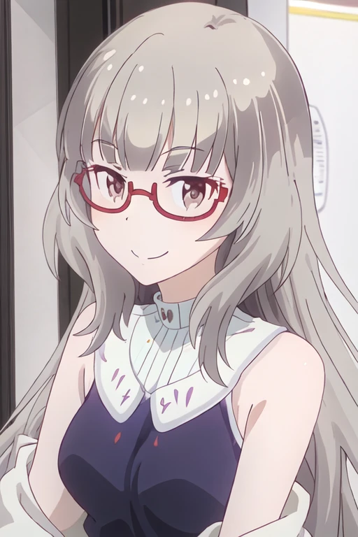 best quality, masterpiece, highres, solo, {hazuki_shizuku_newgame:1.15}, glasses, long_hair, red-framed_eyewear, grey_hair, bangs, semi-rimless_eyewear, smile, under-rim_eyewear, closed_mouth, brown_eyes, blunt_bangs