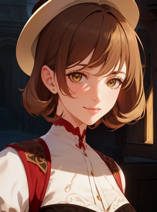 (masterpiece, best quality, ultra-detailed, best shadow), (detailed background,dark fantasy), (beautiful detailed face), (best illumination, an extremely delicate and beautiful), ((cinematic light)), colorful, hyper detail, dramatic light, intricate details, (depth) of (field), <lora:MargaretNPC:0.8> margaret, brown_hair, puffy_sleeves, bangs, corset, hat, , brown_eyes, smile,