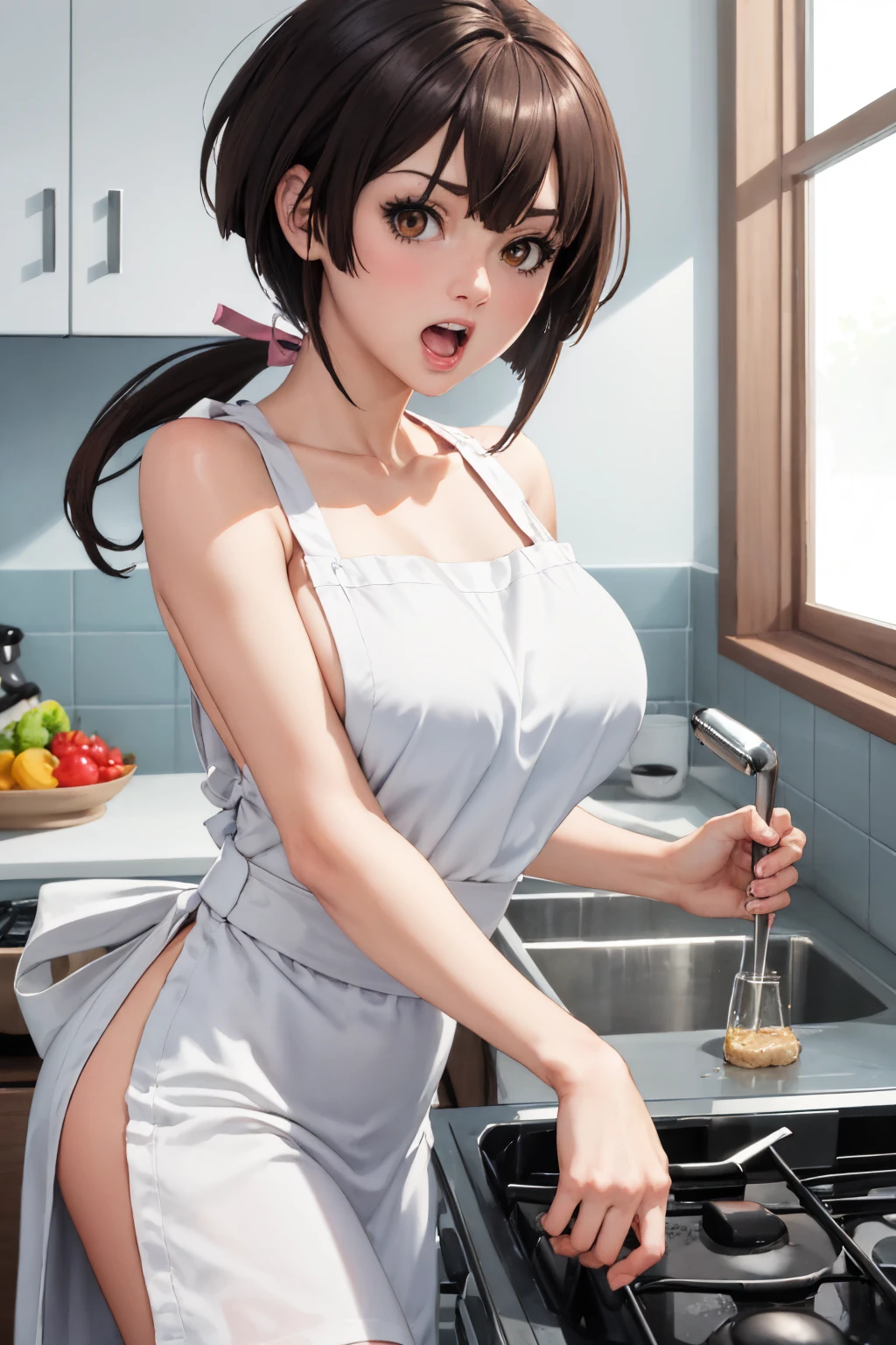 (masterpiece, best quality:1.2), solo, 1girl, musubi, surprised, open mouth, looking at viewer, ahoge, ponytail, naked apron, large breasts, kitchen <lora:sekirei_musubi-10:1>