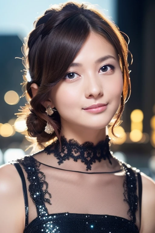 1girl,(wearing a glittery evening dress:1.2),(RAW photo, best quality), (realistic, photo-realistic:1.4), masterpiece, an extremely delicate and beautiful, extremely detailed, 2k wallpaper, Amazing, finely detail, extremely detailed CG unity 8k wallpaper, ultra-detailed, highres, soft light, beautiful detailed girl, extremely detailed eyes and face, beautiful detailed nose, beautiful detailed eyes,cinematic lighting,city lights at night,perfect anatomy,slender body,  <lora:numakuramanami_lora:0.8>,smile