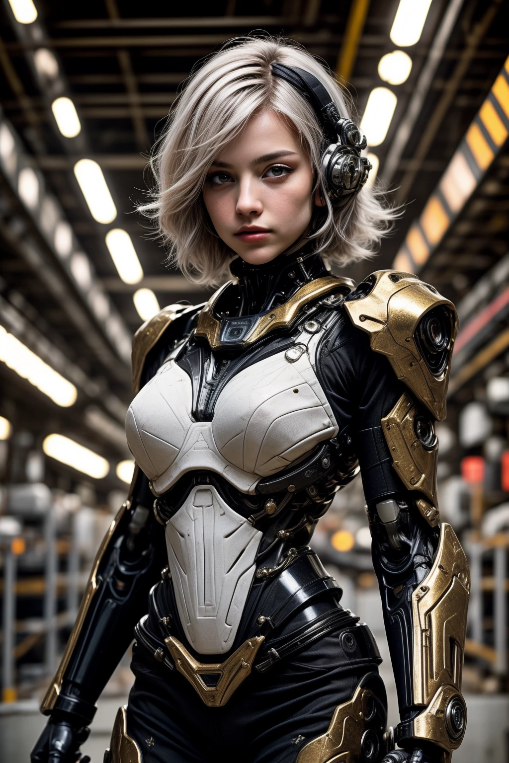 cgmech, , beautiful eyes, upper body, underboob, portrait, robot,white orange armor, white shimmering hair, neon light, 8K, RAW, best quality, masterpiece, ultra high res, colorful, (medium wide shot), (dynamic perspective), sharp focus , (depth of field, bokeh:1.3), extremely detailed eyes and face, beautiful detailed eyes,large breasts,(black gold, trimmed gear:1.2),(In a futuristic weapons factory:1.2), ((masterpiece, best quality)), <lora:more_details:0.3> Detailed background, spaceship interior <lora:menpo_offset:0.2> <lora:Niji:0.6>