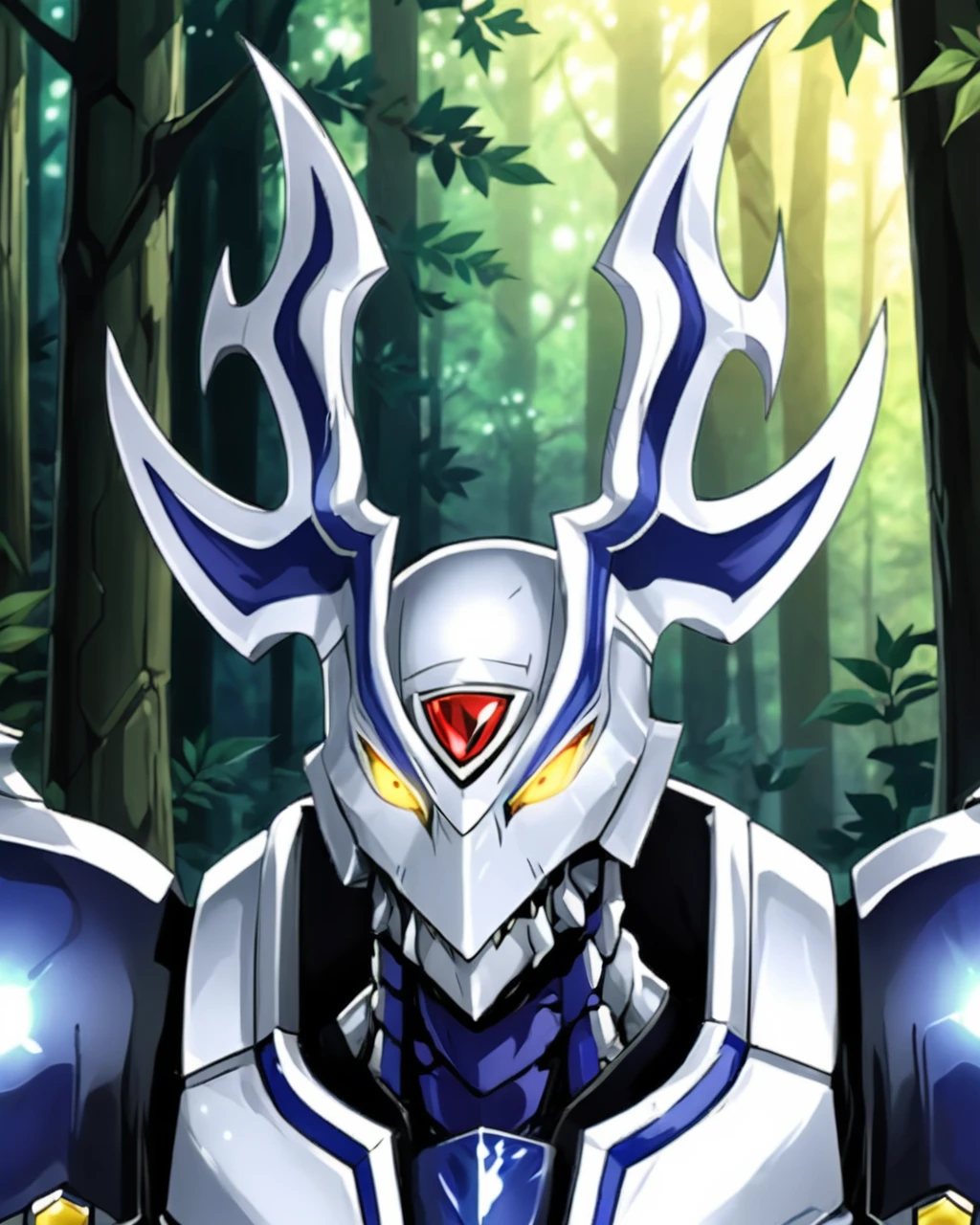 portrait of a dorugoramon in a forest,cropped, anime,anime style, <lora:DORUgoramon:0.75>