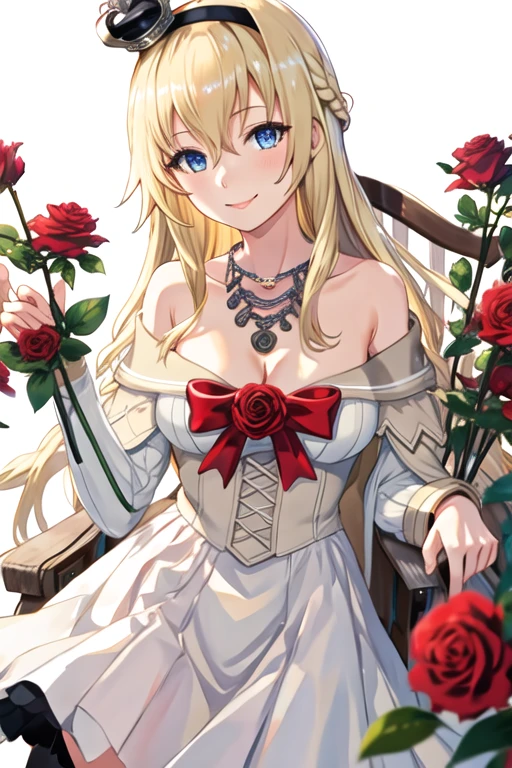 best quality, masterpiece, highres, solo, {warspite_kantaicollection:1.15}, blonde_hair, long_hair, blue_eyes, braid, french_braid, hairband, crown, mini_crown, breasts, hair_between_eyes, smile, flower, large_breasts, 1girl, dress, jewelry, looking_at_viewer, necklace, off-shoulder_dress, off_shoulder, red_flower, red_ribbon, red_rose, ribbon, rose, simple_background, upper_body, white_background, white_dress, cleavage, long_sleeves, one-hour_drawing_challenge, twitter_username, medium_breasts