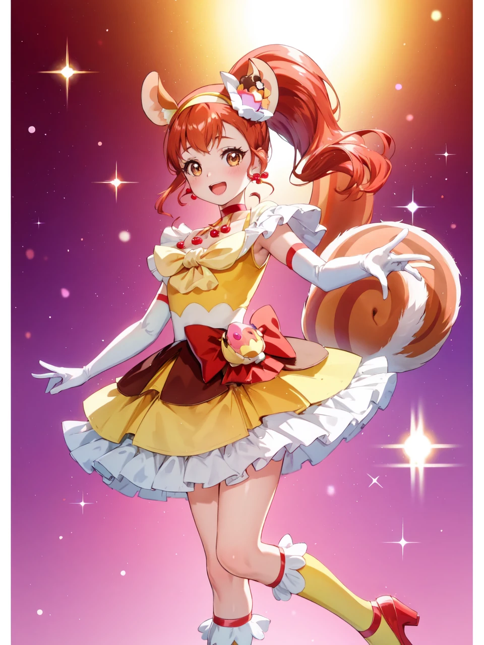 masterpiece, best quality, looking at viewer, depth of field, standing, open mouth, full body, 
1girl, <lora:locon_cure_custard_01:0.95>, cure custard, high ponytail, hair ornament, squirrel tail, hairband, squirrel ears, elbow gloves, kneehighs, choker, porch, earrings, 
smile, ((gradient background)), lens flare,