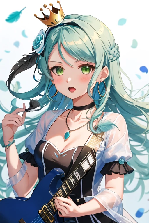 best quality, masterpiece, highres, solo, {hikawa_sayo_bangdream:1.15}, green_eyes, aqua_hair, long_hair, bangs, blush, jewelry, 1girl, black_feathers, blue_flower, choker, earrings, feather_hair_ornament, feathers, flower, hair_flower, hair_ornament, looking_at_viewer, rose, electric_guitar, guitar, holding, instrument, blue_rose, hairband, holding_instrument, necklace, playing_instrument, upper_body, black_choker, crown, open_mouth, plectrum, ribbon, short_sleeves