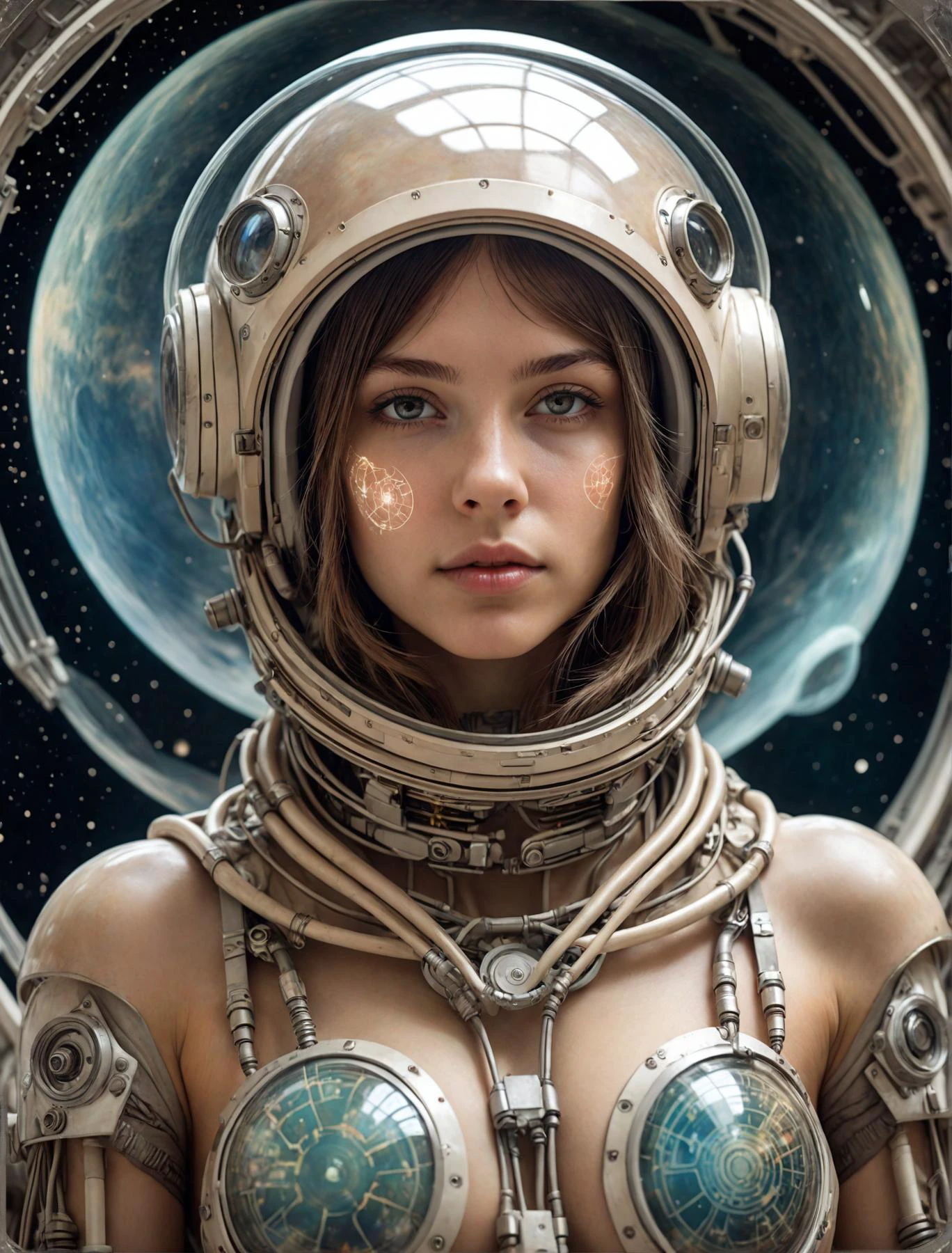 photograph, space, woman , 20 years old, wearing Chaperon, Mechanical Body Parts, Interplanetary magnetic field background, ultrafine detailed, Sci-Fi, double exposure, Sony A7, Depth of field 100mm, Colorless, stylized by artgerm, greg rutkowski and alphonse mucha