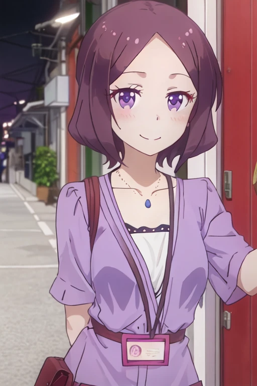 best quality, masterpiece, highres, solo, {tooyama_rin_newgame:1.15}, short_hair, brown_hair, purple_eyes, blush, purple_hair, smile, 1girl, looking_at_viewer, closed_mouth, upper_body