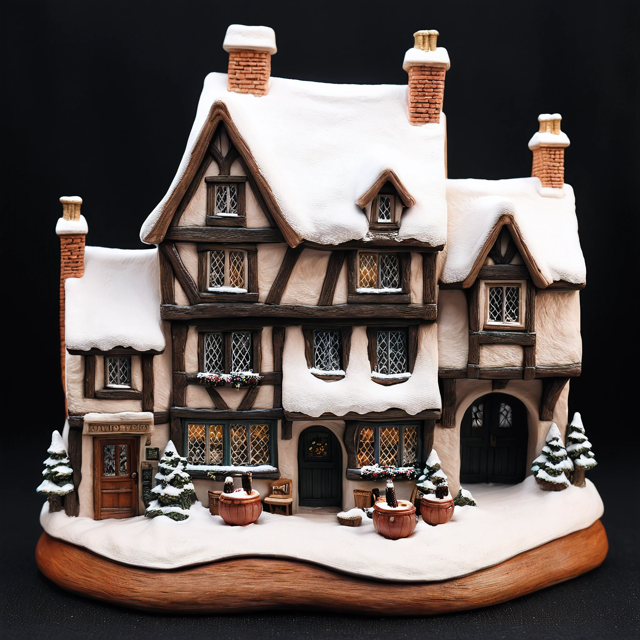 <lora:M1n14tur3_XL-000002:0.9>,photo of (M1n14tur3:1.1) ceramic sculpture of the picturesque Hogsmeade Village,(steaming cauldrons in the windows of Scrivenshaft's Quill Shop:1.2),(whimsical architecture and snow-covered roofs:1.2),(colorful shop signs swaying in the breeze:1.1),trees,birds,landscape architecture render,photo realistic,ornate,studio photograph,sitting on a wooden counter with a black cloth background,bokeh,tilt shift,super detailed,intricate,dramatic,shadows,beautiful,insane details,hyperdetailed,8k wallpaper,uhd,hdr,high contrast,