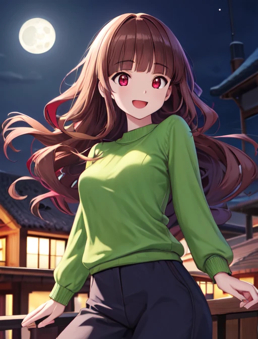 best quality, masterpiece, highres, detailed, digital artwork, <lora:Detail - add_detail:0.2>, brown hair, blunt bangs, red eyes, RuriDigi, <lora:Character - RuriDigi:0.8>, green sweater, moon, happiness