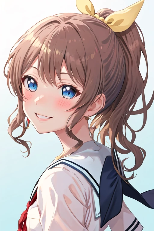 best quality, masterpiece, highres, solo, {yamabuki_saaya_bangdream:1.15}, blue_eyes, brown_hair, ribbon, bangs, ponytail, sidelocks, hair_ribbon, smile, blush, yellow_ribbon, long_hair, 1girl, hanasakigawa_school_uniform, looking_at_viewer, school_uniform, simple_background, upper_body, sailor_collar, serafuku, shirt, white_sailor_collar, white_background, blue_shirt, blue_neckerchief