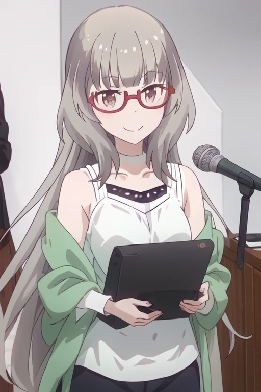 best quality, masterpiece, highres, solo, {hazuki_shizuku_newgame:1.15}, glasses, long_hair, red-framed_eyewear, grey_hair, bangs, semi-rimless_eyewear, smile, under-rim_eyewear, closed_mouth, brown_eyes, blunt_bangs, 1girl, brown_hair, holding, holding_microphone, microphone