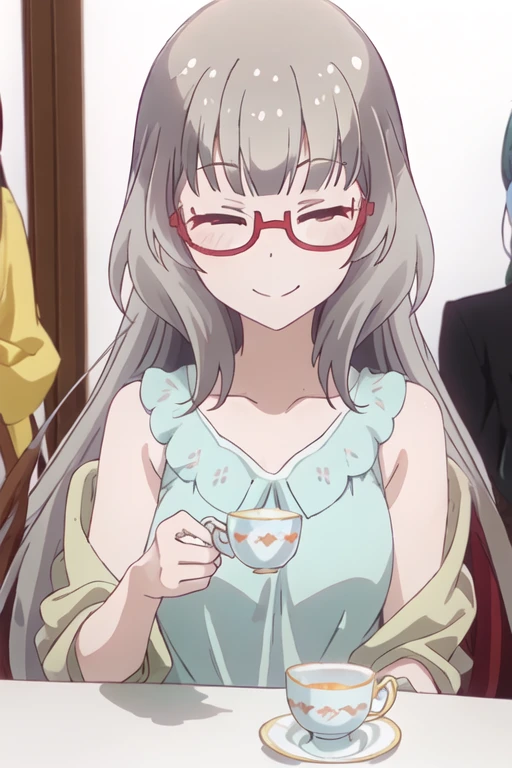 best quality, masterpiece, highres, solo, {hazuki_shizuku_newgame:1.15}, glasses, long_hair, red-framed_eyewear, grey_hair, bangs, semi-rimless_eyewear, smile, under-rim_eyewear, closed_mouth, brown_eyes, blunt_bangs, 1girl, closed_eyes, cup, holding, holding_cup, simple_background, teacup, collarbone, white_background