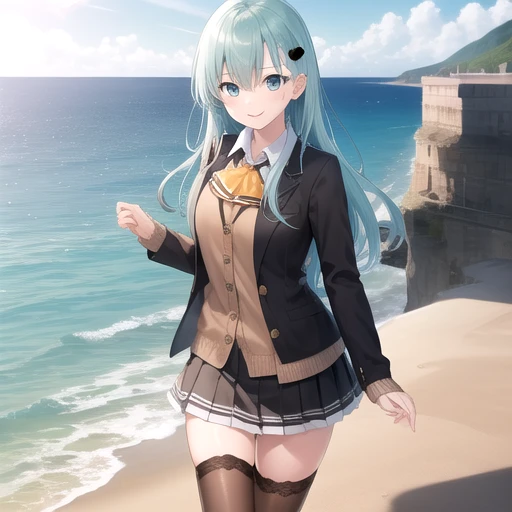((masterpiece)),(best quality),official art,extremely detailed CG,unity 8k wallpaper,ultra detailed,A lighthouse on a cliff by the sea,1girl,solo,cowboy shot,long_hair,brown_thighhighs,hairclip,hair_ornament,school_uniform,pleated_skirt,brown_skirt,cardigan,aqua_hair,aqua_eyes,brown_jacket,loafers,looking_at_viewer,black_footwear,bowtie,smile,frilled_skirt,ascot,<lora:Suzuya(kan)>,