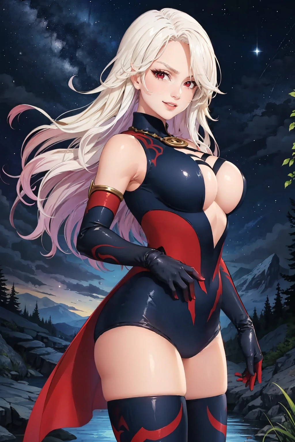 masterpiece, best quality, <lora:sdslillia-nvwls-v1-000009:0.9> sdslillia, red eyes, hair over one eye, black leotard, cleavage cutout, elbow gloves, black thighhighs, huge breasts, from side, smile, looking at viewer, furrowed brow, night sky, forest