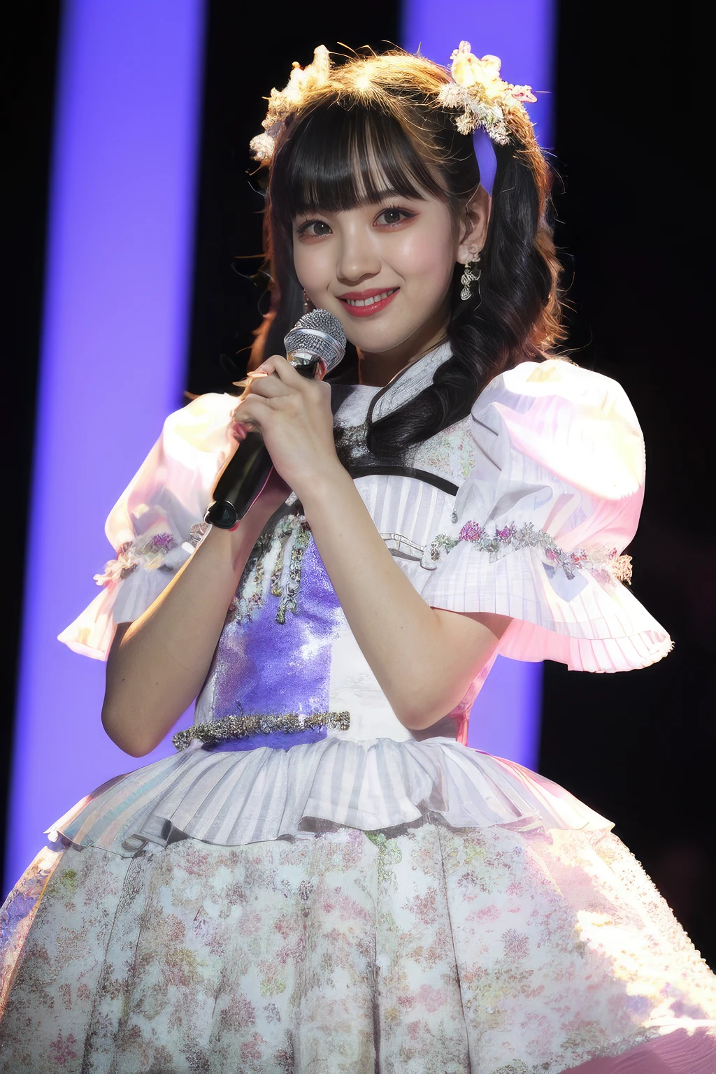 masterpiece,beautiful,extremely detailed,finely detailed,exquisite,(ultra high res),(8k UHD best quality), (realistic, photo-realistic:1.37), depth_of,blurry_background, photo_inset,Dramatic lighting,reference_inset,photo_background,photorealistic,looking_at_viewer,1girl,detailed skin,shiny skin,have a microphone,(((stage))),(((upper body))),ouka <lora:ouka suenaga:1>