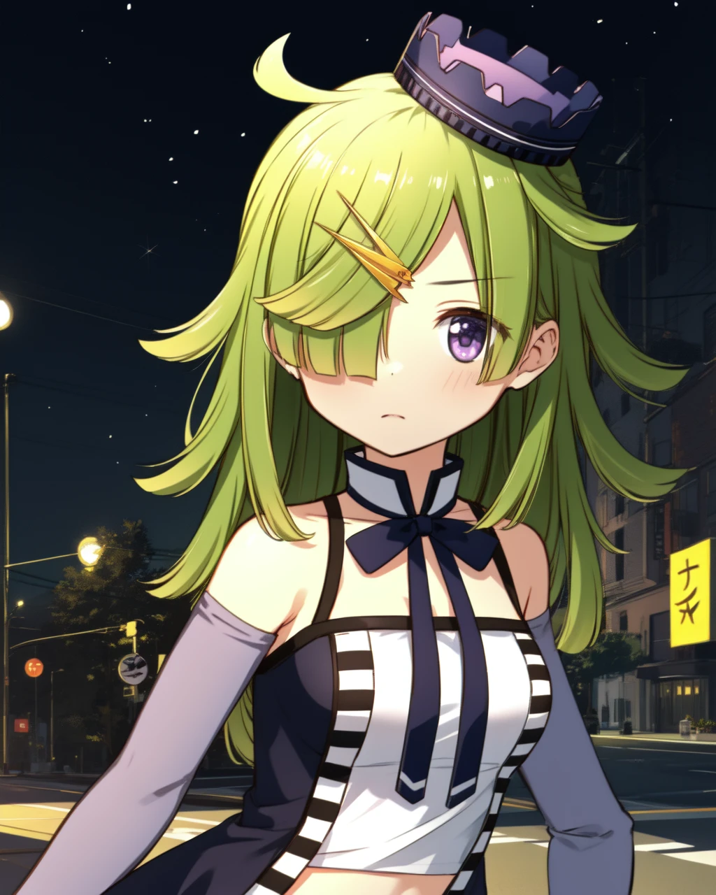scene0akimabayu, 1girl, purple eyes, green hair, standing, (dynamic pose), close shot, upper body, outdoors, city, street, night, sky, stars, hair over one eye, small crown-like hat, round purple gem on belt, purple bowtie, white with purple skirt, white dress with purple sides, long gloves, wraps on wirsts, golden hairpin in hair, <lora:scene0akimabayu-000009:0.8>