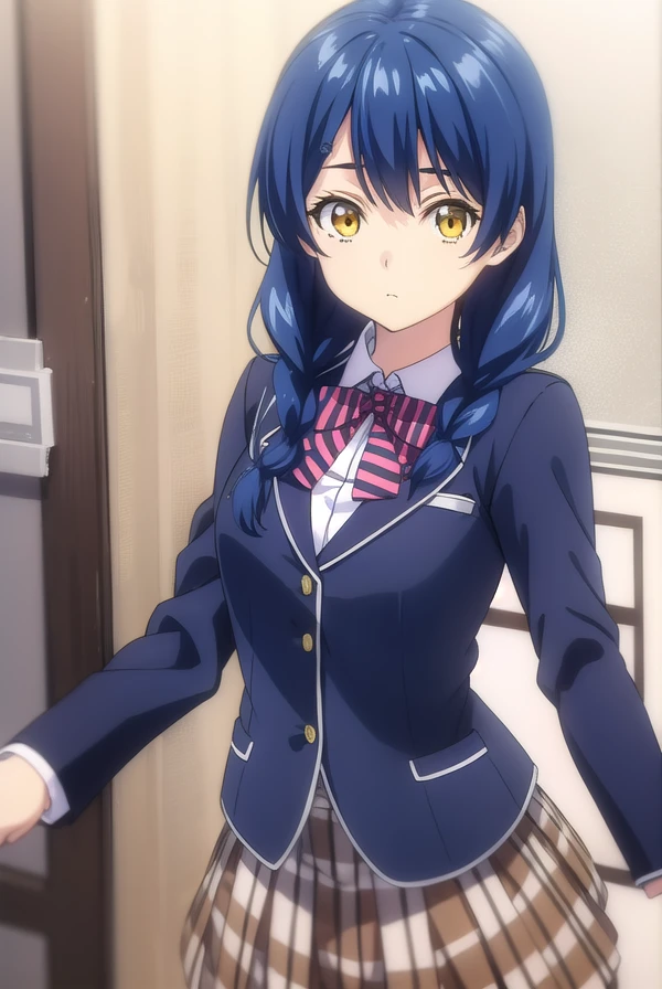 megumitadokoro, <lora:megumi tadokoro s1-lora-nochekaiser:1>,
megumi tadokoro, long hair, blue hair, (yellow eyes:1.3), braid, twin braids,
BREAK bow, school uniform, striped, bowtie, blazer, striped bowtie, blue blazer, brown skirt, plaid skirt, plaid,
BREAK indoors, kitchen,
BREAK looking at viewer, (cowboy shot:1.5),
BREAK <lyco:GoodHands-beta2:1>, (masterpiece:1.2), best quality, high resolution, unity 8k wallpaper, (illustration:0.8), (beautiful detailed eyes:1.6), extremely detailed face, perfect lighting, extremely detailed CG, (perfect hands, perfect anatomy),