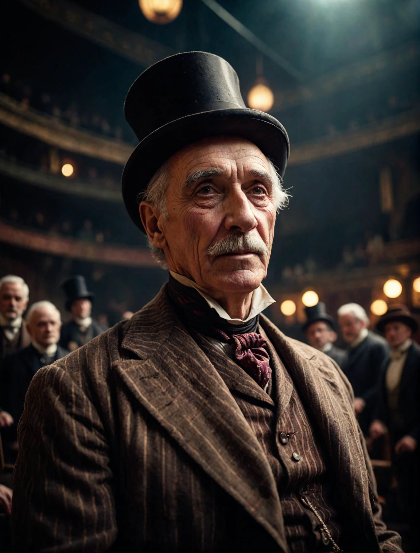 cinematic film still, old circus director, victorian london, amazing details, dark atmosphere, shallow depth of field, vignette, highly detailed, high budget, cinemascope, moody, epic, gorgeous, film, Fujichrome Provia 100F, F/8, RTX, photolab, high quality photography, 3 point lighting, flash with softbox, 4k, Canon EOS R3, hdr, smooth, sharp focus, high resolution, award winning photo, 80mm, f2.8, bokeh