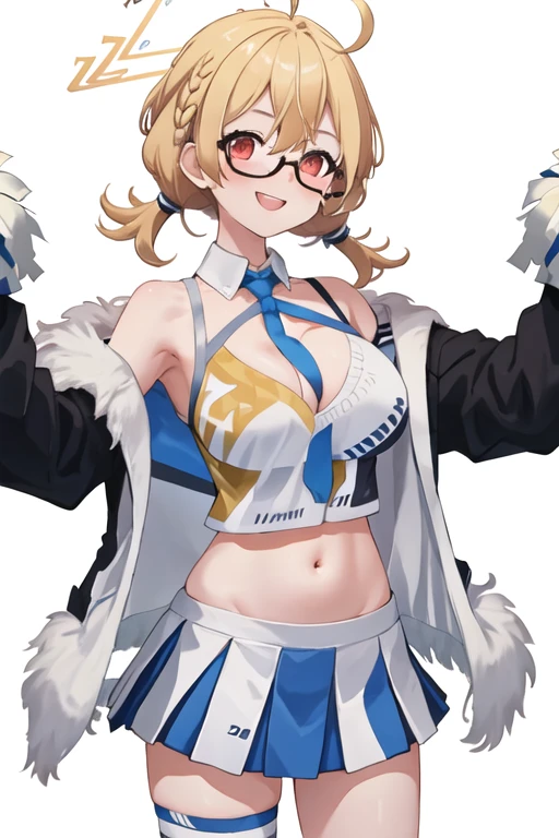 best quality, masterpiece, highres, solo, {kotori_bluearchive:1.15}, blonde_hair, ahoge, breasts, red_eyes, halo, glasses, open_mouth, braid, large_breasts, blush, short_hair, smile, twintails, cheerleader, cleavage, 1girl, between_breasts, blue_necktie, jacket, looking_at_viewer, necktie, shirt, simple_background, white_background, necktie_between_breasts, white_shirt, fur_trim