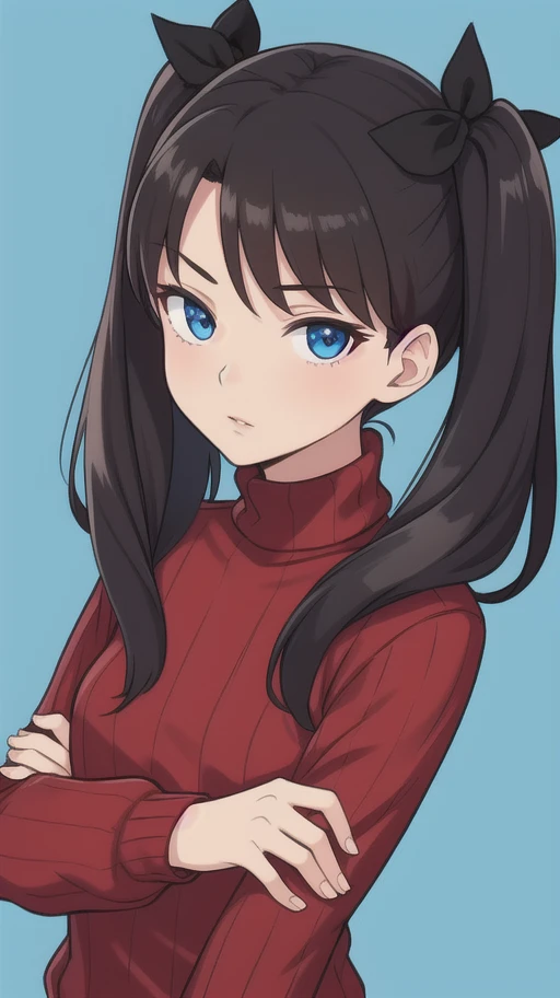 1girl, tohsaka rin, solo, long hair, sweater, red sweater, looking at viewer, blue background, black hair, simple background, two side up, turtleneck, blue eyes, lips, closed mouth, ribbon, hair ribbon, bangs, turtleneck sweater, upper body, parted bangs, black ribbon, ribbed sweater, twintails, nose,,